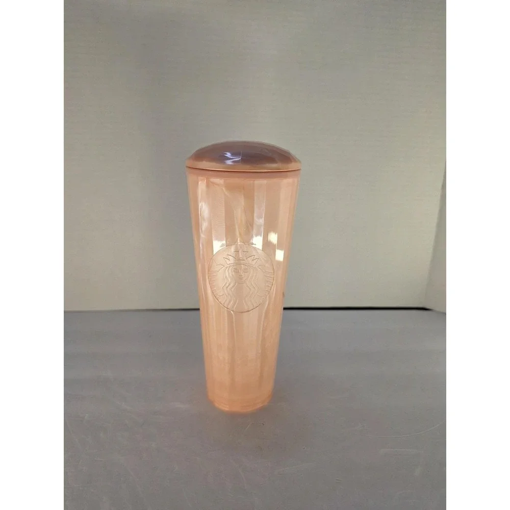 Starbucks 24 Oz Pearl Peach Faceted Cold Cup Tumbler Pink Lid Reusable EUC